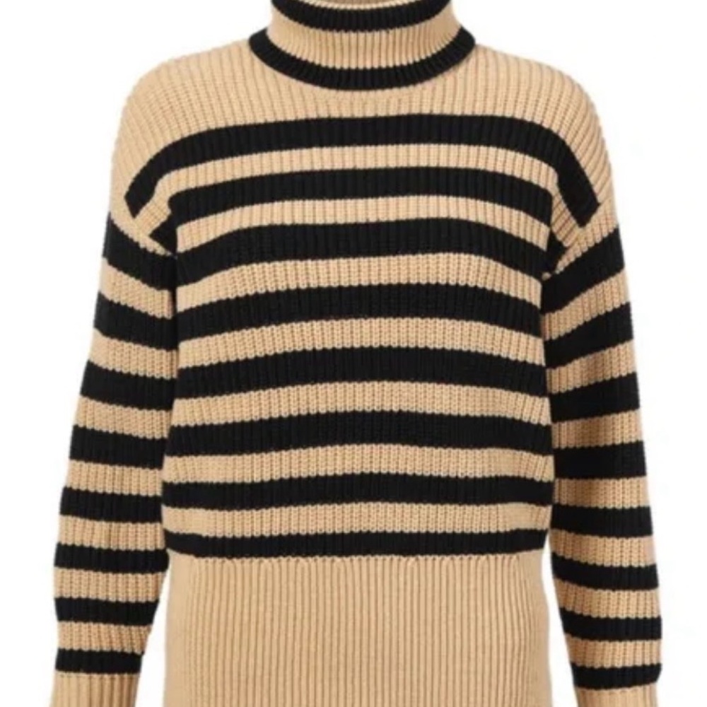 CAbi Black and Tan Striped Turtleneck Sweater